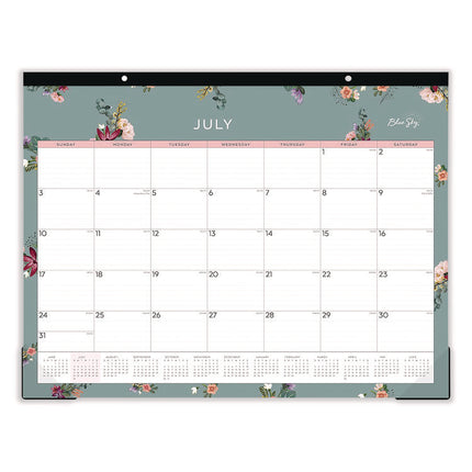 Greta Academic Year Desk Pad Calendar, Floral Artwork, 22 x 17, White/Green/Pink Sheets, 12-Month (July to June): 2024-2025