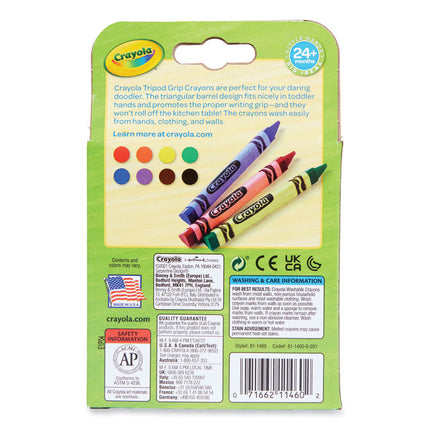 Washable Tripod Grip Crayons, Assorted Colors, 8/Pack