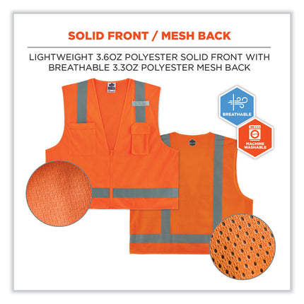 GloWear 8249Z Class 2 Economy Surveyors Zipper Vest, Polyester, Small/Medium, Orange