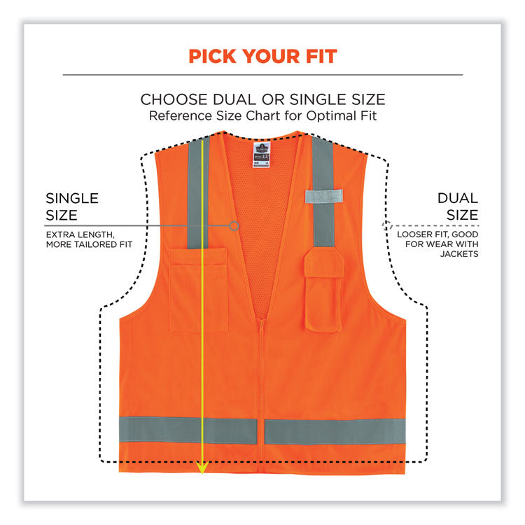 GloWear 8249Z Class 2 Economy Surveyors Zipper Vest, Polyester, 4X-Large/5X-Large, Orange