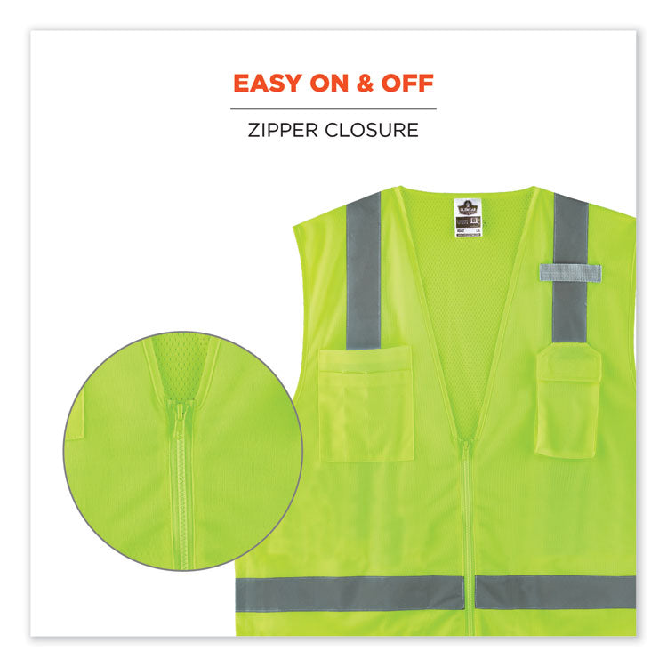 GloWear 8249Z Class 2 Economy Surveyors Zipper Vest, Polyester, X-Small, Lime