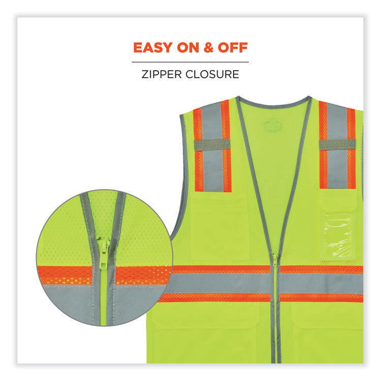 GloWear 8246Z Class 2 Two-Tone Mesh Reflective Binding Zipper Vest, Polyester, Large/X-Large, Lime