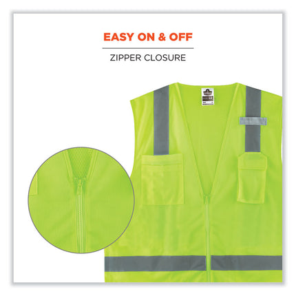 GloWear 8249Z-S Single Size Class 2 Economy Surveyors Zipper Vest, Polyester, Small, Lime