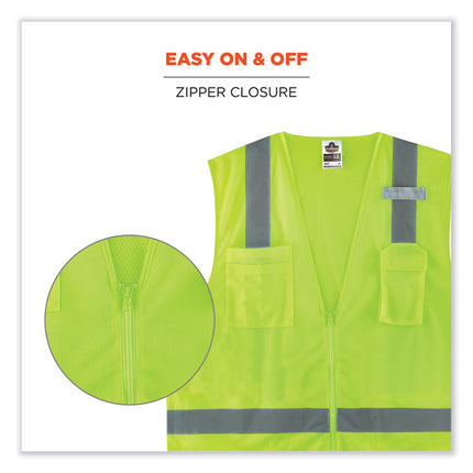 GloWear 8249Z-S Single Size Class 2 Economy Surveyors Zipper Vest, Polyester, Medium, Lime