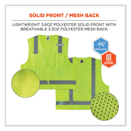 GloWear 8249Z-S Single Size Class 2 Economy Surveyors Zipper Vest, Polyester, Large, Lime