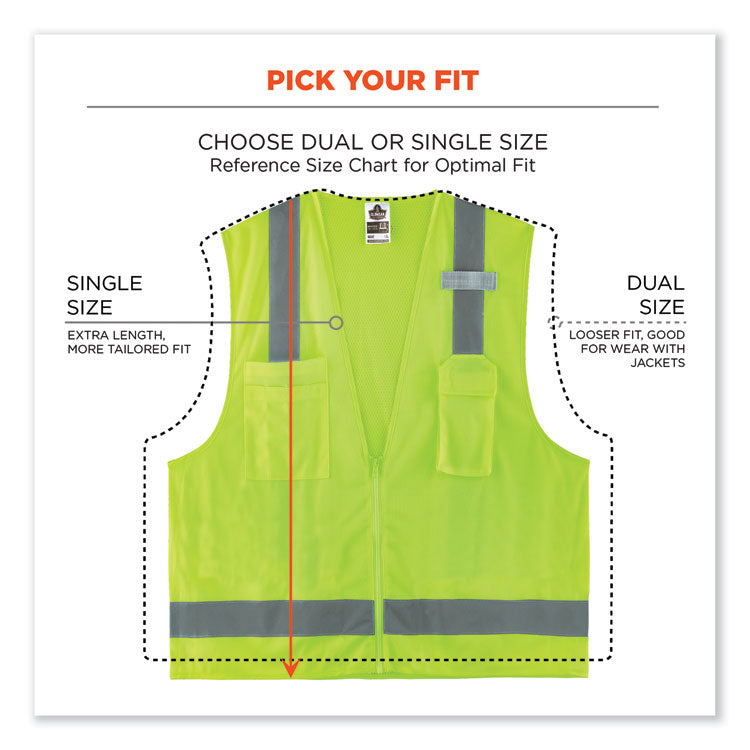 GloWear 8249Z-S Single Size Class 2 Economy Surveyors Zipper Vest, Polyester, X-Large, Lime