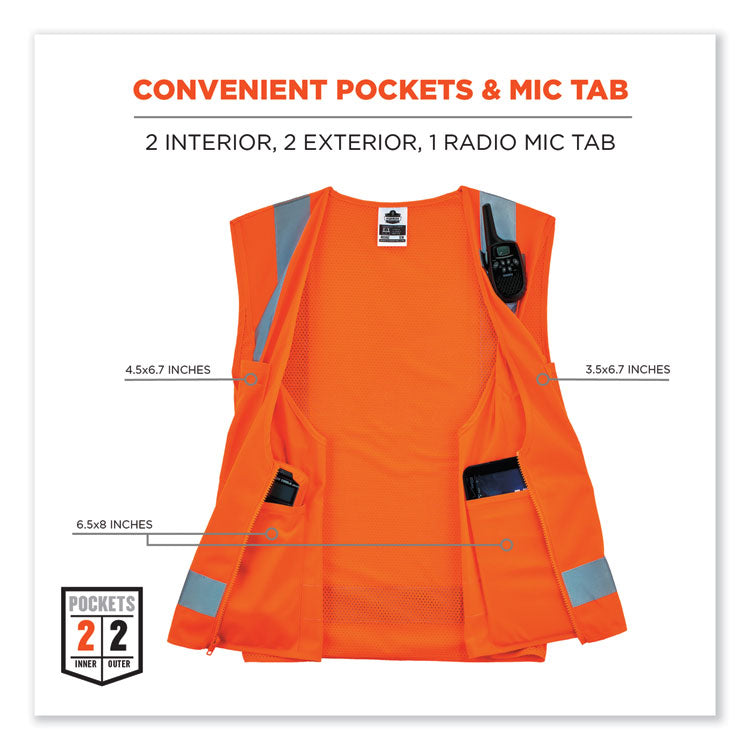 GloWear 8249Z-S Single Size Class 2 Economy Surveyors Zipper Vest, Polyester, Small, Orange