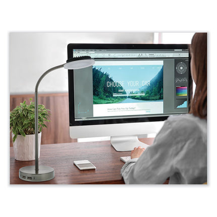 PUREOPTICS LED ADJUSTABLE GOOSENECK DESK LAMP WITH TWO USB PORTS, 14.12" HIGH, SILVER BASE