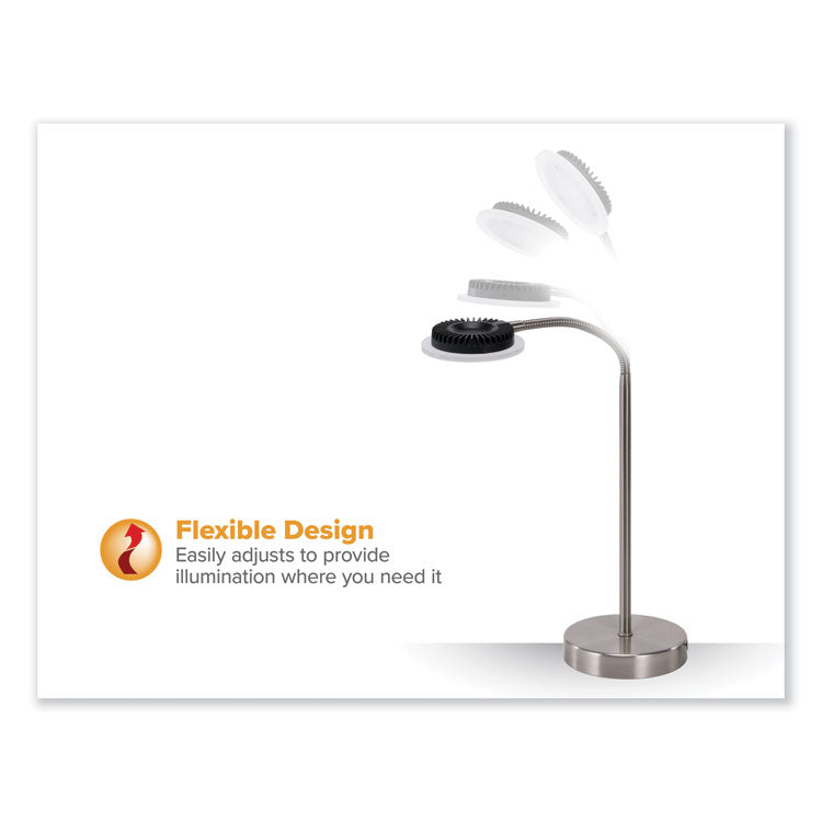 PUREOPTICS LED ADJUSTABLE GOOSENECK DESK LAMP WITH TWO USB PORTS, 14.12" HIGH, SILVER BASE
