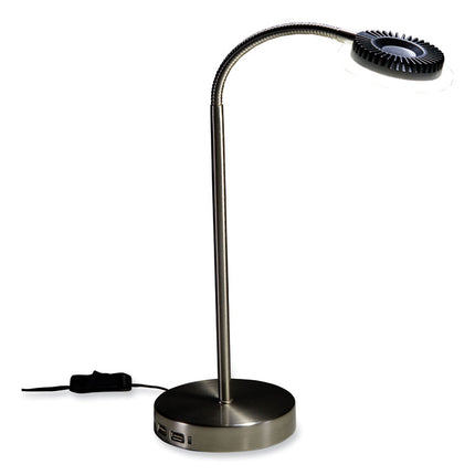 PUREOPTICS LED ADJUSTABLE GOOSENECK DESK LAMP WITH TWO USB PORTS, 14.12" HIGH, SILVER BASE