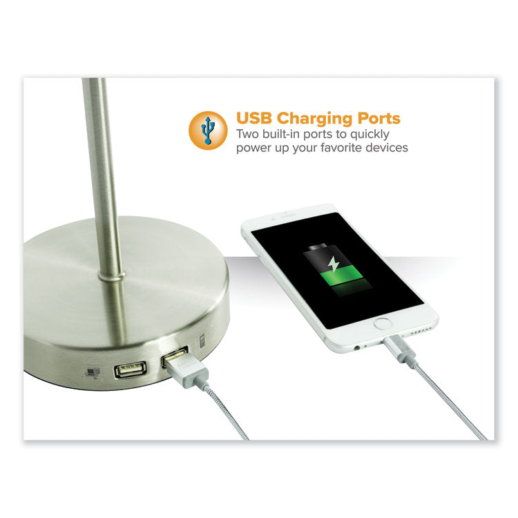 PUREOPTICS LED ADJUSTABLE GOOSENECK DESK LAMP WITH TWO USB PORTS, 14.12" HIGH, SILVER BASE