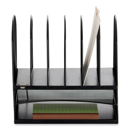 Powered Onyx Desk Organizer with 2 Horizontal and 6 Upright Sections, Letter Size Files, 13.5 x 11.5 x 13, Black