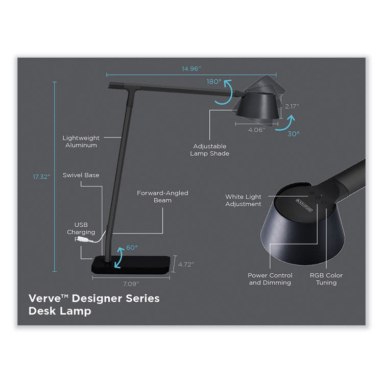 PureOptics Verve Designer Series LED Desk Lamp with Wireless Charging, 17.32" High, Black