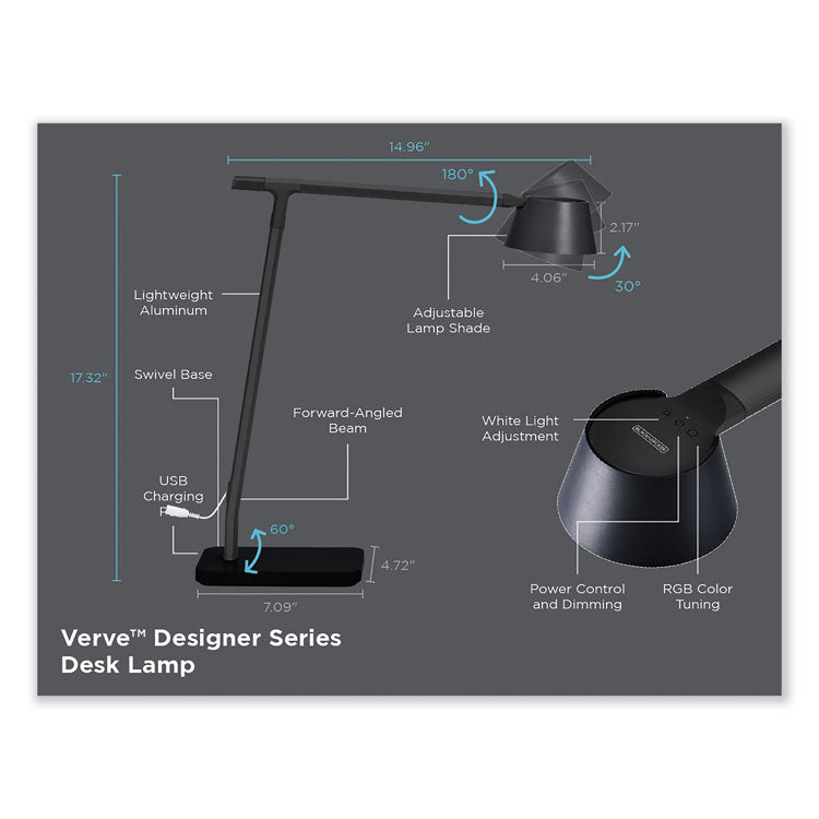 PureOptics Verve Designer Series LED Desk Lamp with USB Port, 17.32" High, Black