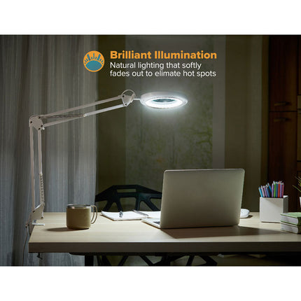 PureOptics LED Magnifying Dimmable Desk Lamp with Clamp Mount, 17"  High, White