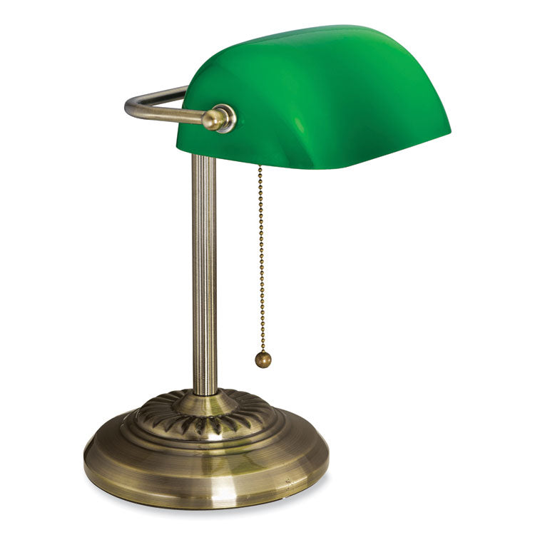 LED Bankers Lamp with Green Shade, Cable Suspension Neck, 13.5" High, Antique Brass