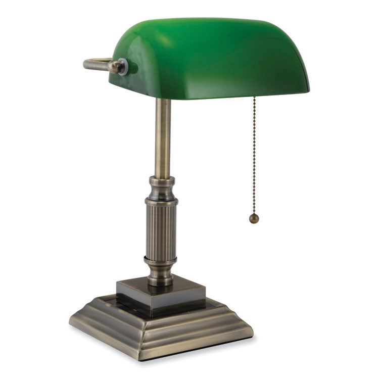 LED Bankers Lamp with Green Shade, Candlestick Neck, 14.75" High, Antique Bronze