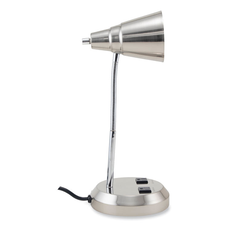 LED Gooseneck Desk Lamp with Charging Outlets, Gooseneck,15" High, Brushed Steel