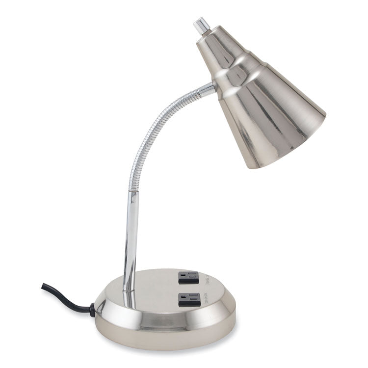 LED Gooseneck Desk Lamp with Charging Outlets, Gooseneck,15" High, Brushed Steel