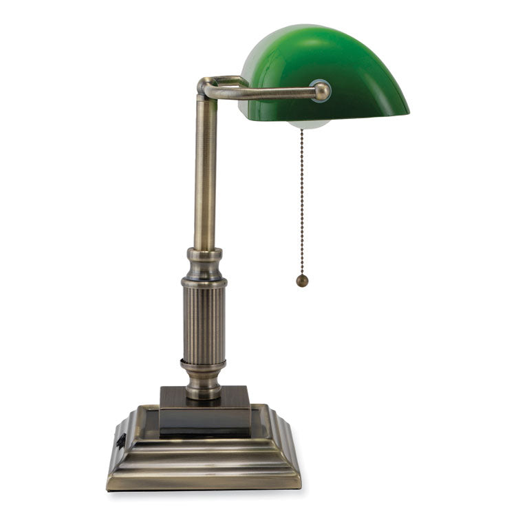 LED Bankers Lamp with Green Shade, Candlestick Neck, 14.75" High, Antique Bronze
