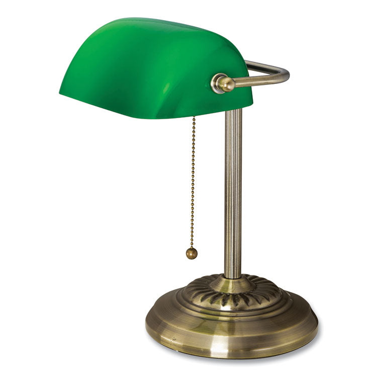 LED Bankers Lamp with Green Shade, Cable Suspension Neck, 13.5" High, Antique Brass