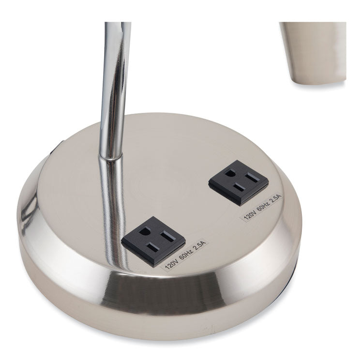LED Gooseneck Desk Lamp with Charging Outlets, Gooseneck,15" High, Brushed Steel