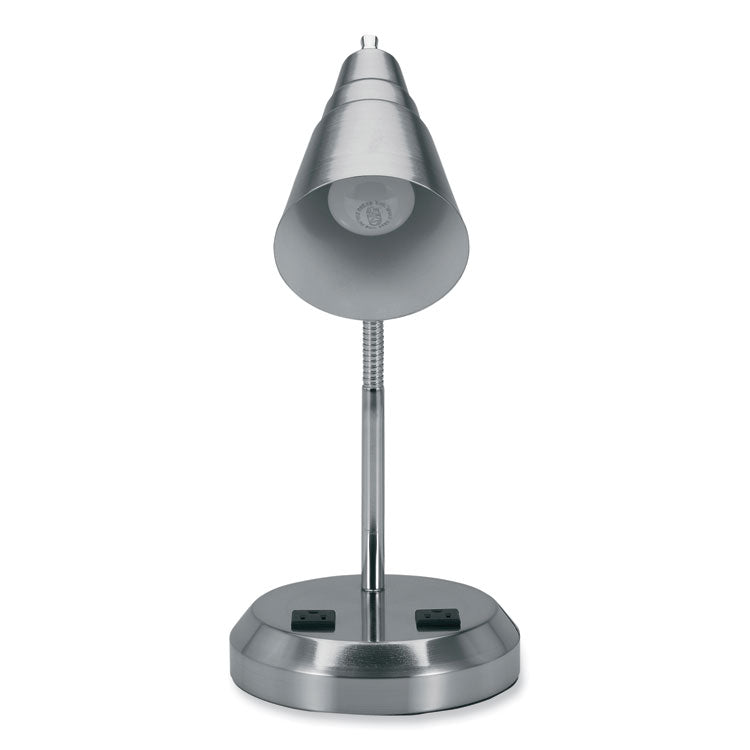 LED Gooseneck Desk Lamp with Charging Outlets, Gooseneck,15" High, Brushed Steel