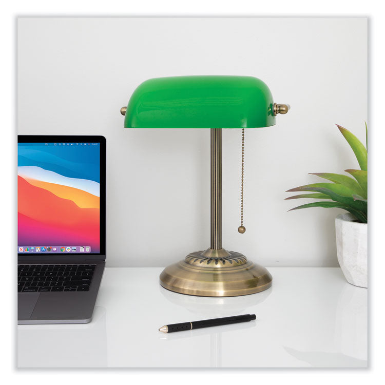 LED Bankers Lamp with Green Shade, Cable Suspension Neck, 13.5" High, Antique Brass