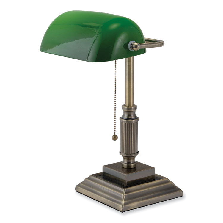 LED Bankers Lamp with Green Shade, Candlestick Neck, 14.75" High, Antique Bronze