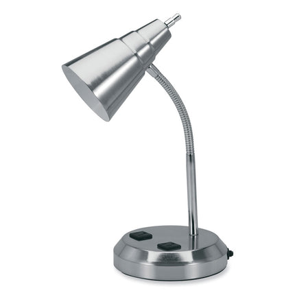 LED Gooseneck Desk Lamp with Charging Outlets, Gooseneck,15" High, Brushed Steel