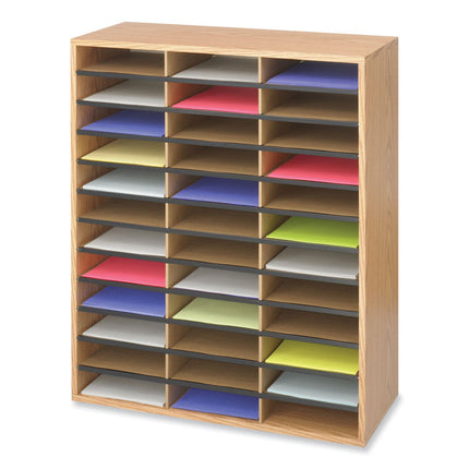 Wood/Corrugated Literature Organizer, 36 Compartments, 29 x 12 x 34.5, Medium Oak
