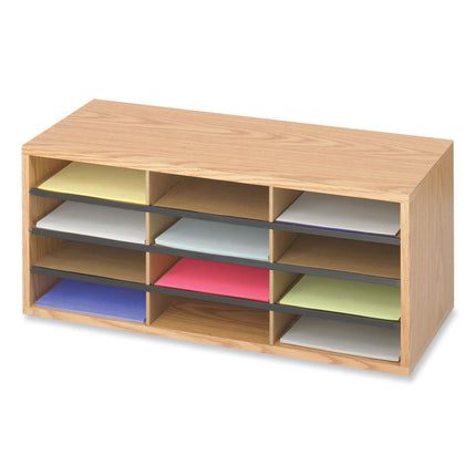 Wood/Corrugated Literature Organizer, 12 Compartments, 29 x 12 x 12, Medium Oak