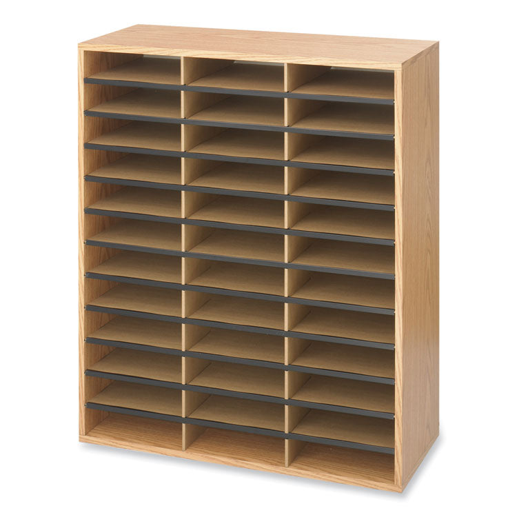 Wood/Corrugated Literature Organizer, 36 Compartments, 29 x 12 x 34.5, Medium Oak
