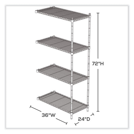 Industrial Add-On Unit, Four-Shelf, 36w x 24d x 72h, Steel, Metallic Gray
