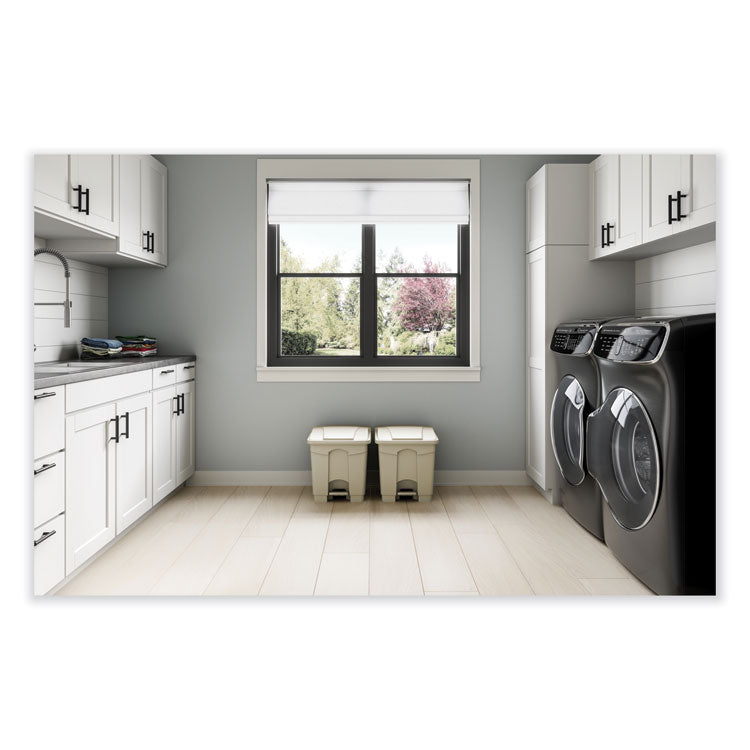 Plastic Step-On Receptacle, 8 gal, Metal, Tan