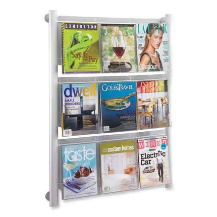 Luxe Magazine Rack, 9 Compartments, 31.75w x 5d x 41h, Clear/Silver