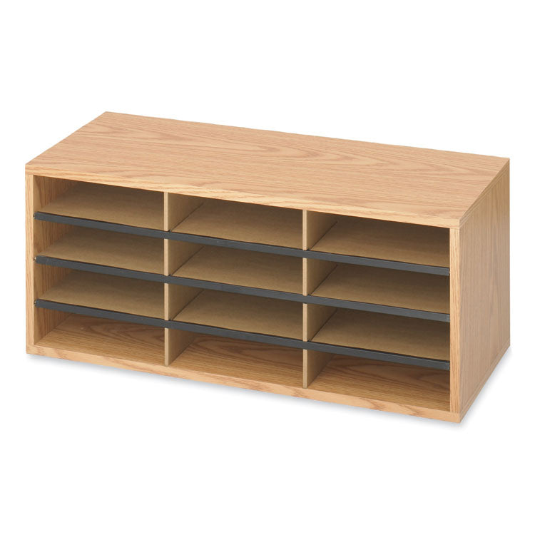 Wood/Corrugated Literature Organizer, 12 Compartments, 29 x 12 x 12, Medium Oak