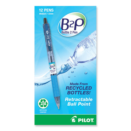 B2p Bottle-2-Pen Recycled Ballpoint Pen, Retractable, Medium 1 Mm, Black Ink, Translucent Blue Barrel, Dozen