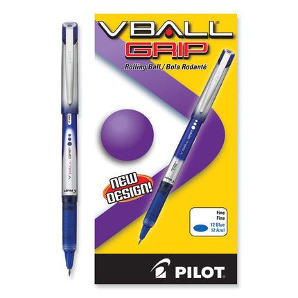 VBall Grip Liquid Ink Rollerball Pen, Stick, Fine 0.7 mm, Blue Ink, Blue/Silver Barrel, Dozen