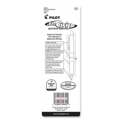 Dr. Grip Center of Gravity Ballpoint Pen, Retractable, Medium 1 mm, Black Ink, Silver/Navy Barrel