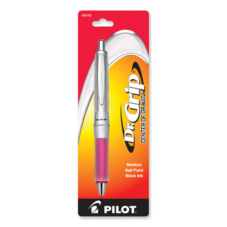 Dr. Grip Center of Gravity Ballpoint Pen, Retractable, Medium 1 mm, Black Ink, Silver/Pink Barrel