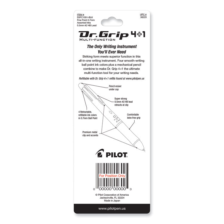 Dr. Grip 4 + 1 Multi-Color Ballpoint Pen/Pencil, Retractable, 0.7mm Pen/0.5mm Pencil, Black/Blue/Green/Red Ink, Black Barrel