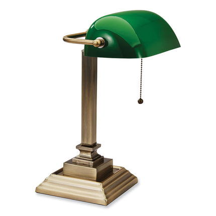LED Banker's Lamp with Green Shade, USB Charging Port, Candlestick Neck, 15" High, Antique Brass