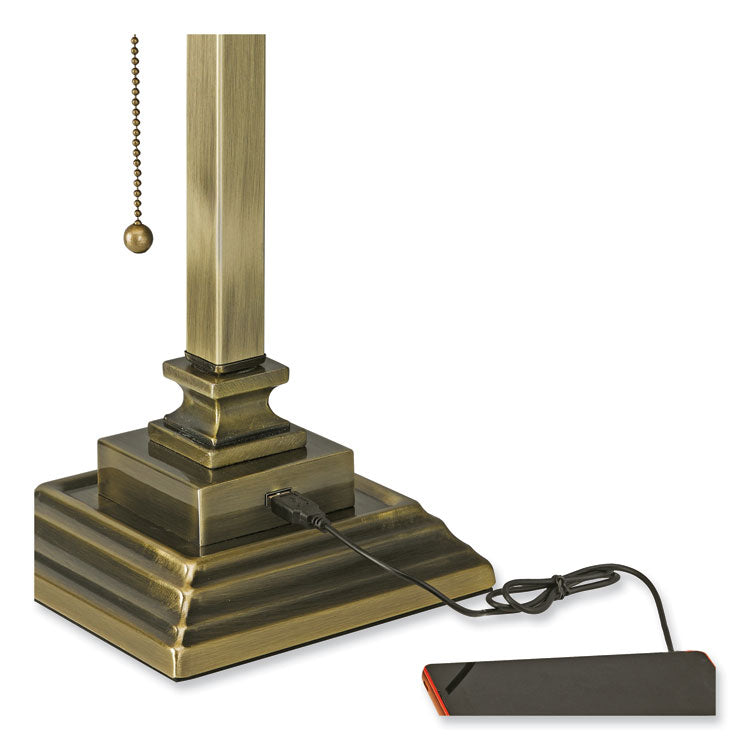 LED Banker's Lamp with Green Shade, USB Charging Port, Candlestick Neck, 15" High, Antique Brass