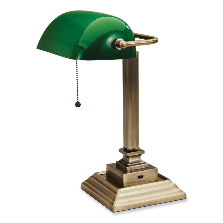 LED Banker's Lamp with Green Shade, USB Charging Port, Candlestick Neck, 15" High, Antique Brass
