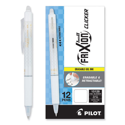 FriXion Ball Clicker Erasable Gel Pen, Retractable, Extra-Fine 0.5 mm, Black Ink, White Barrel, Dozen