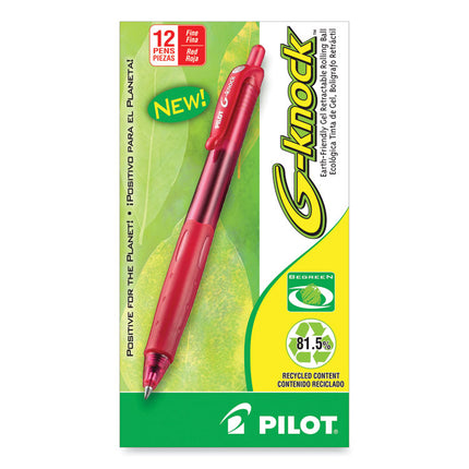 G-Knock BeGreen Gel Pen, Retractable, Fine 0.7 mm, Red Ink, Translucent Red/Red Barrel, Dozen