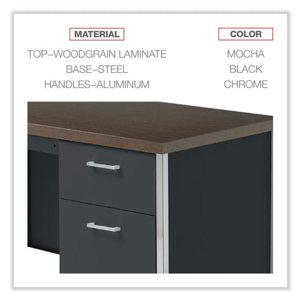 Single Pedestal Steel Desk, 45.25" x 24" x 29.5", Mocha/Black, Chrome Legs