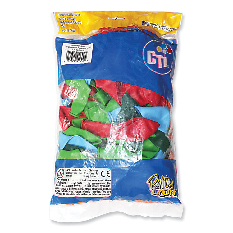 Balloons, 12", Helium Quality Latex, Assorted Colors, 100/Pack, 20 Packs/Carton