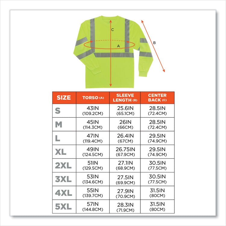 GloWear 8391 Class 3 Hi-Vis Long Sleeve Shirt, Polyester, Lime, 5X-Large
